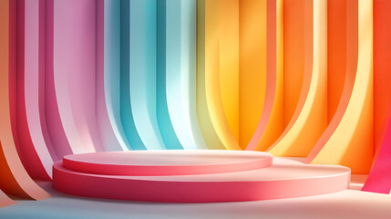 Vibrant Rainbow Curved Background with Pink Podium for Modern Product Display.