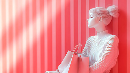 Woman With Shopping Bags In A Pink Striped Room Creating Modern Retail Concept.