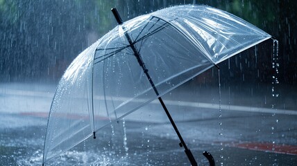 Clear umbrella with raindrops in heavy rain