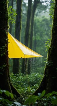 A simple tarp shelter provides protection from a tropical downpour, suspended between lush rainforest trees, outdoors, rainforest, suspended