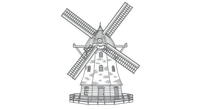 Traditional Dutch Windmill Hand-Drawn Sketch Illustration.