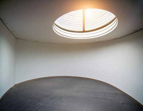 empty white curved room with round skylight and warm light