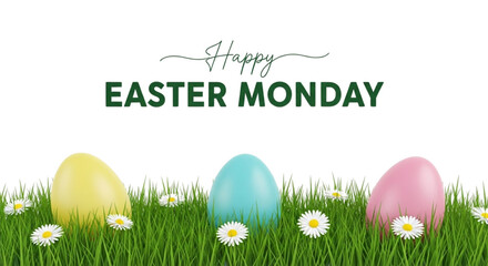 Happy Easter Monday Greeting Card. Colorful Pastel Eggs in Green Grass with Daisies. Festive Spring Holiday Banner Background.