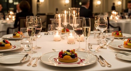 Fototapeta premium Elegant Dining Table Set with Desserts and Wine Glasses in a Restaurant.