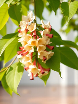 laburnum flowers with green leaves on transparent background.