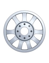 Fototapeta premium Silver car wheel rendering. Circular, with rounded spokes radiating from central bolted hub against a white background
