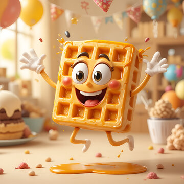 This animated waffle character shows joy with syrupy fingers and a big smile, jumping giddily in a whimsical breakfast celebration scene full of sweetness.