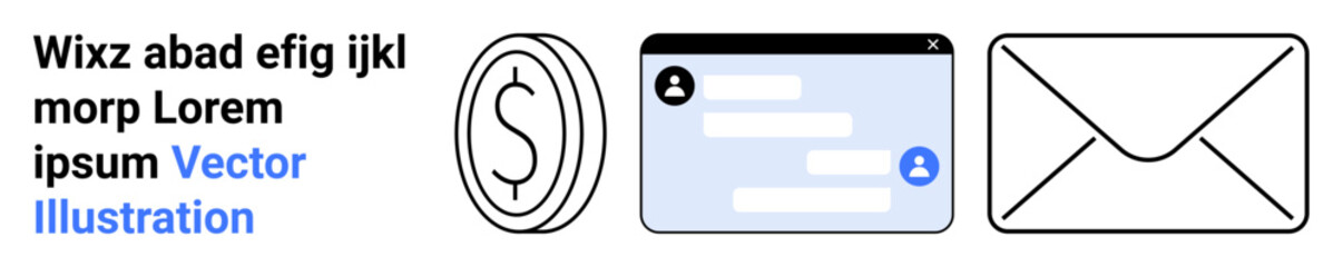 Fototapeta premium Finance, online messaging, email communication, digital business, fintech, money transfer. Illustration with a dollar icon, chat interface and envelope. Finance and online messaging concepts