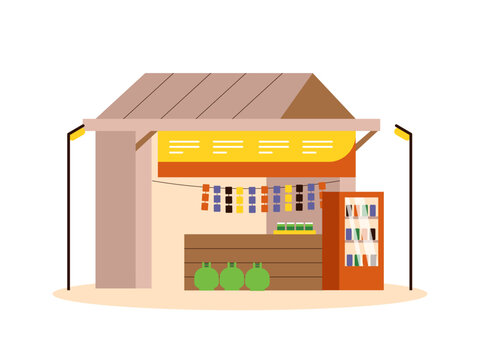 A warung kelontong or a small traditional Indonesian village grocery store. Indonesian market illustrations. Flat vector concept.