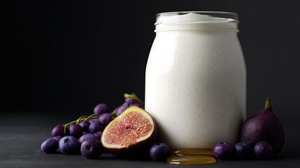 Generative AI, Kefir glass jar with fig and blueberries on black background