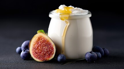 Generative AI, Kefir glass jar with fig and blueberries on black background
