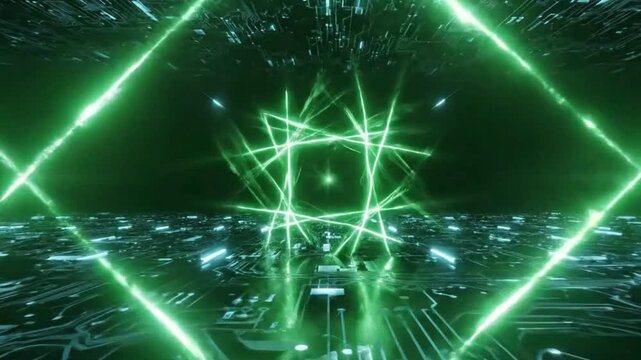 Abstract digital tunnel with glowing green laser lines and circuit board patterns creating a futuristic technology background.