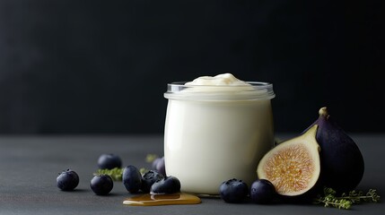 Generative AI, Kefir glass jar with fig and blueberries on black background