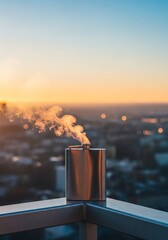 Obraz premium Steaming flask on an outdoor railing, capturing the serene start of a new day as the sun illuminates the distant city landscape, buildings, balcony, anticipation