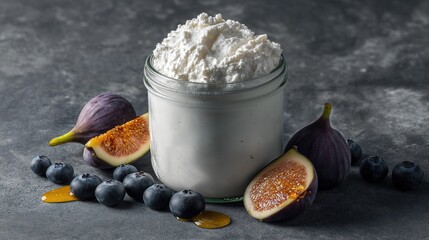 Generative AI, Kefir glass jar with fig and blueberries on black background