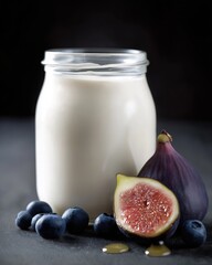 Generative AI, Kefir glass jar with fig and blueberries on black background