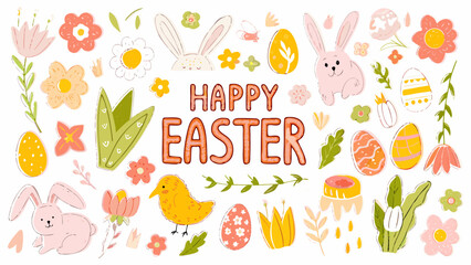 A cheerful easter illustration with bunnies chicks eggs and floral elements