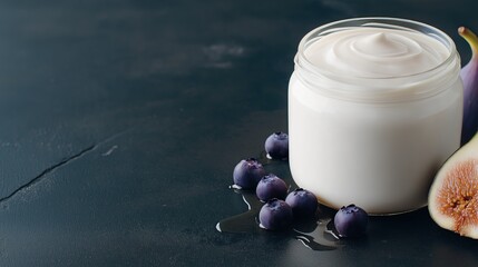 Generative AI, Kefir glass jar with fig and blueberries on black background