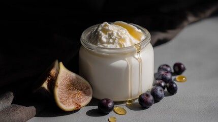 Generative AI, Kefir glass jar with fig and blueberries on black background
