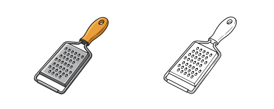 Citrus zester and kitchen grater in colored cartoon style and black line art version representing metal tool with yellow handle for cooking isolated on white background