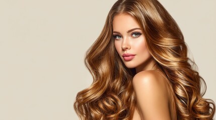 Fototapeta premium Beautiful young woman with luxurious long wavy hair and natural makeup on a soft neutral background showcasing beauty and elegance