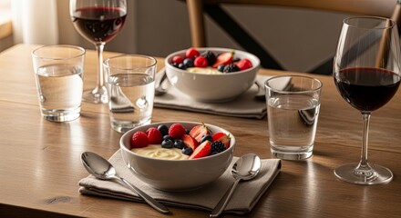 Naklejka premium Two bowls of oatmeal with fresh berries and drinks on a wooden table.