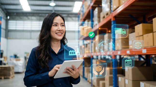 A professional Asian woman smiling while managing complex logistics in a modern warehouse, utilizing a digital tablet and advanced supply chain technology effectively.