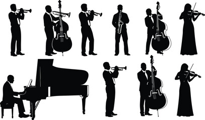 Musician silhouette collection featuring jazz band performers playing grand piano double bass trumpet saxophone and violin for elegant musical event design. © MdAbdul