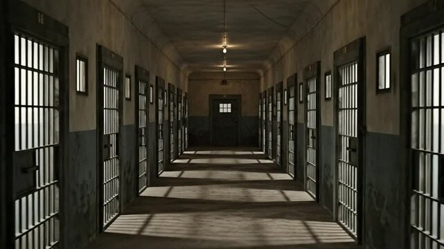 An empty prison corridor featuring barred doors and dramatic shadows.