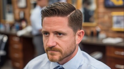 Obraz premium Confident man with stylish hairstyle sitting in a barbershop, looking at the mirror with a calm expression on his face