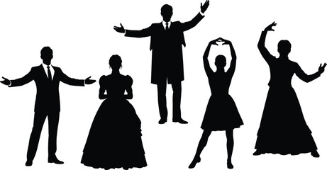 Silhouettes of Elegant People in Formal Suits and Victorian Dresses Performing on Stage for Theater Opera and Classical Dance Performance © MdAbdul