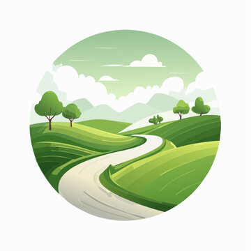 Scenic country road winding through lush green rolling hills under a cloudy sky