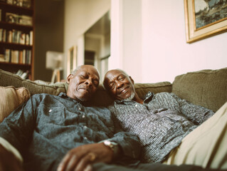 Elderly Black gay couple relaxing on sofa smiling and resting in cozy living room