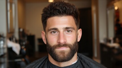 Obraz premium Handsome young man with stylish beard and hair sitting in barber shop, looking confidently at the camera during haircut