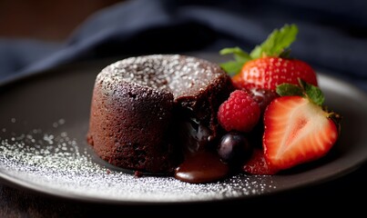 chocolate lava cake set into a dark moody environment with no fruit