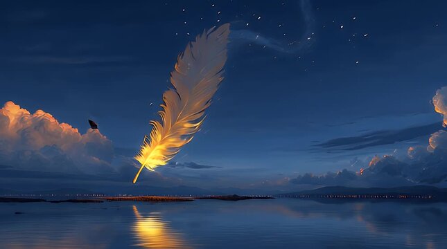 A glowing feather floats in a twilight sky above a calm body of water. The sky is full of stars and clouds, reflecting on the water below