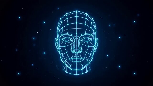 Glowing blue wireframe human face mesh on dark background with floating particles &mdash; futuristic AI, biometric scanning, and digital identity concept