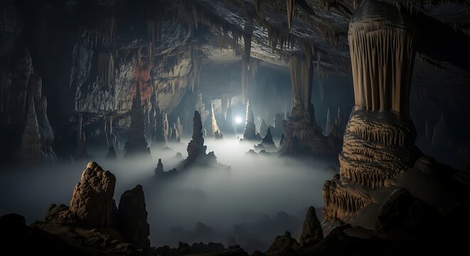 Subterranean cavern reveals towering formations shrouded in ethereal mist illuminated by distant light