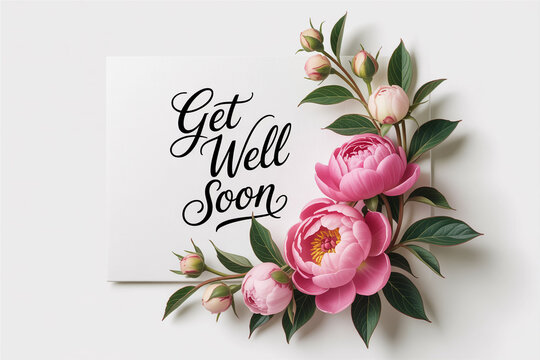A get well soon card with beautiful pink flowers and green leaves on a white background