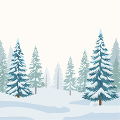 Obraz premium Winter landscape illustration with snow-covered pine trees and gentle hills