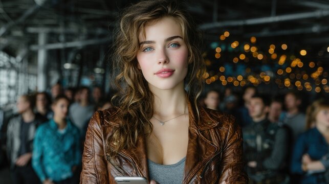 Realistic photo of woman looking at phone feeling excluded in soft cinematic lighting with blurred group behind her high detail no logos.