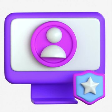 A 3D illustration of a computer monitor showing a user profile and a shield with a star for protection
