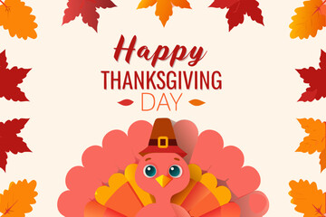 Naklejka premium Happy thanksgiving day greeting with a cartoon turkey and autumn leaves