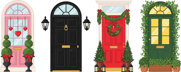 Set of four decorative front doors featuring seasonal designs for Christmas Valentines Day and elegant green ivy garden styles © Bappi