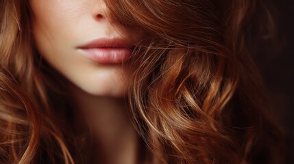 Naklejka premium Close-Up Portrait of a Woman with Long, Wavy, Copper Hair and Soft Lips Capturing Natural Beauty and Elegance