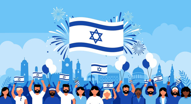 Israeli Flag Celebration with Crowd and Symbols.