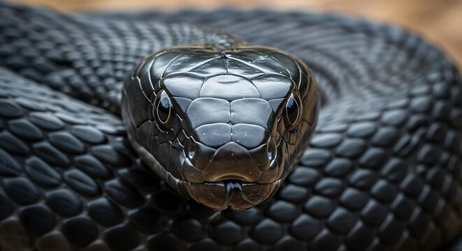 Closeup photograph captures the intense stare of a dark, coiled reptile