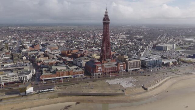Establishing aerial view of Blackpool, seaside town in Lancashire, England, United Kingdom.