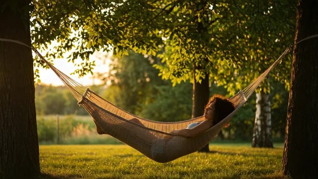 A person relaxes in a hammock beneath a tree-filled garden at sunset