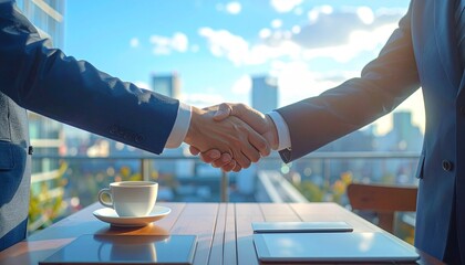 ビルが並ぶ都会のオープンカフェで握手を交わすスーツ姿の男性の手元　ビジネス、商談、契約イメージ